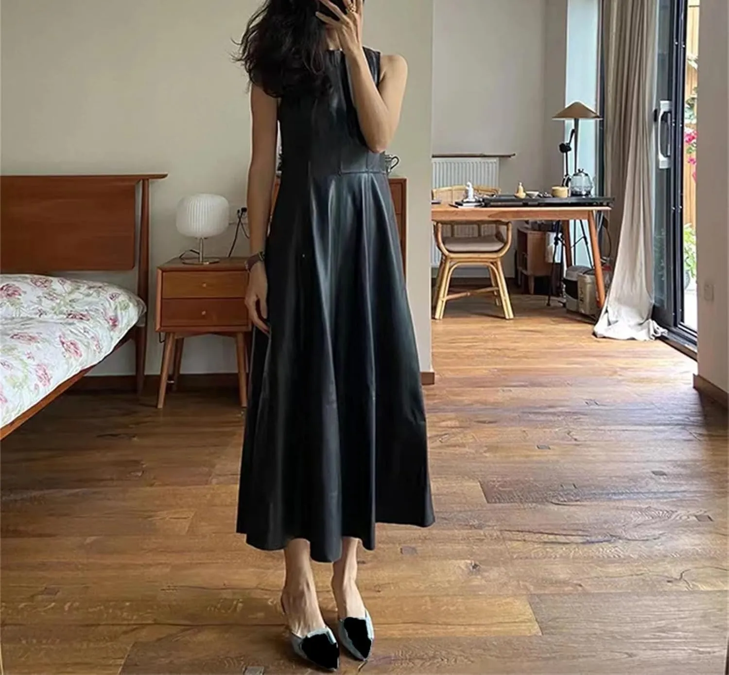 Women's Genuine Leather Skirt Dress - High Waist Umbrella Hem Evening Vestido