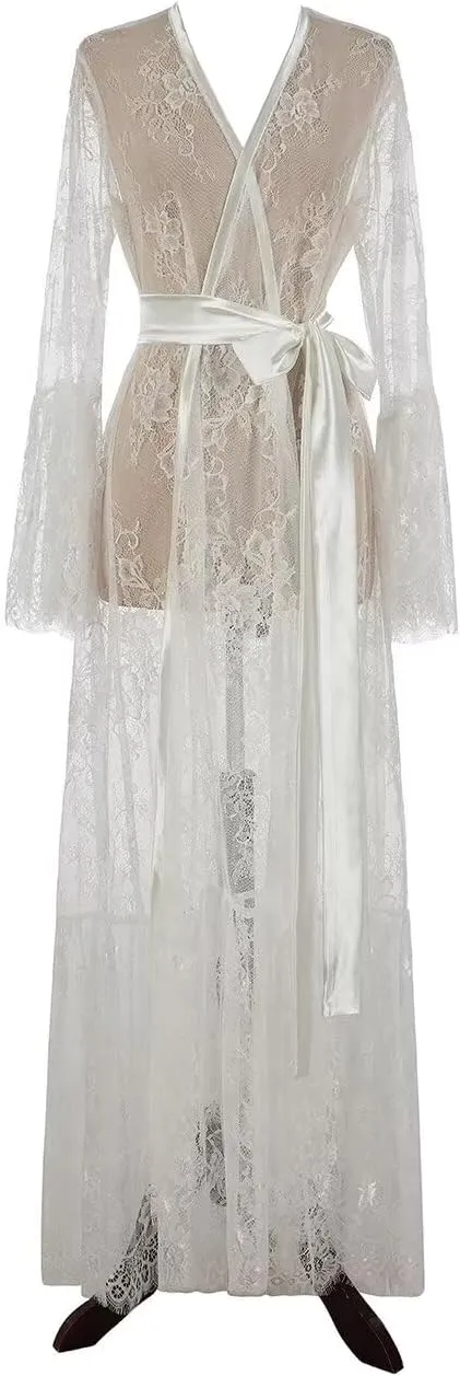 Womens Long Flowy Lace Kimono Robe Sexy Bridal Dressing Gown Lingerie Sheer Babydoll Nightgown Nightdress Puffy Nightgown