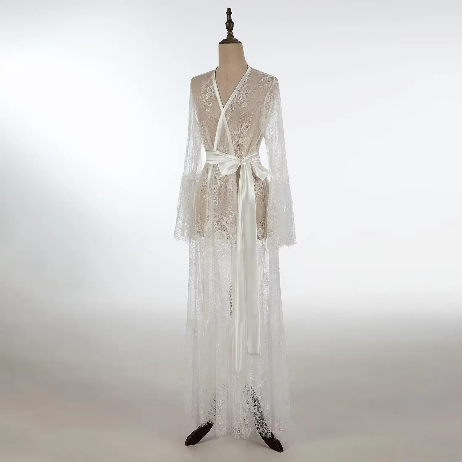 Womens Long Flowy Lace Kimono Robe Sexy Bridal Dressing Gown Lingerie Sheer Babydoll Nightgown Nightdress Puffy Nightgown