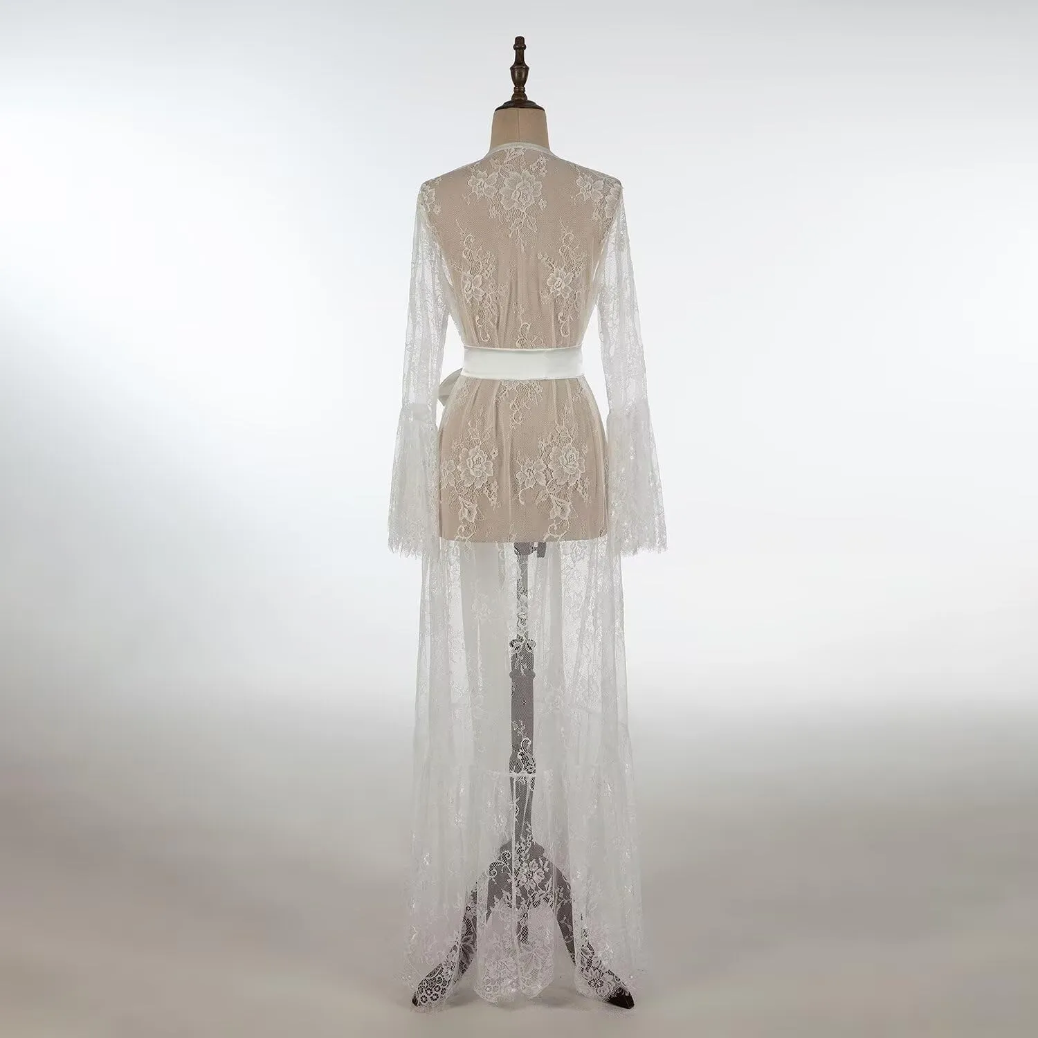 Womens Long Flowy Lace Kimono Robe Sexy Bridal Dressing Gown Lingerie Sheer Babydoll Nightgown Nightdress Puffy Nightgown