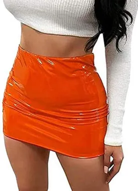 Women's Neon Leather Mini Skirt PU Bodycon Pencil Sexy Slim High Waist Elastic Pencil Latex Skirt Party Clubwear