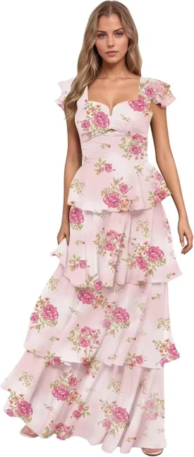 Women’s Ruffle Bridesmaid Dresses Long Chiffon Tiered Prom Dresses 2025 Pleated Flutter Sleeve Formal Evening Gown