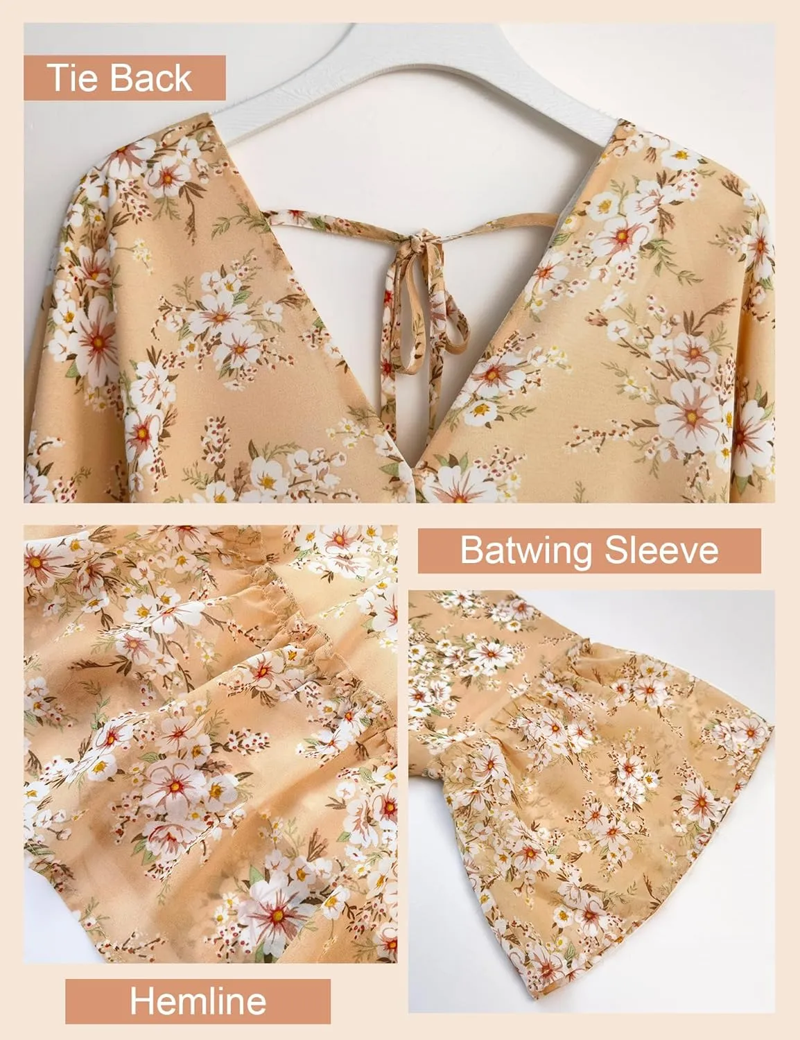 Women's Spring Summer 2023 Floral Mini Dress Boho A Line Chiffon Dress Casual Batwing Sleeve Short Dress