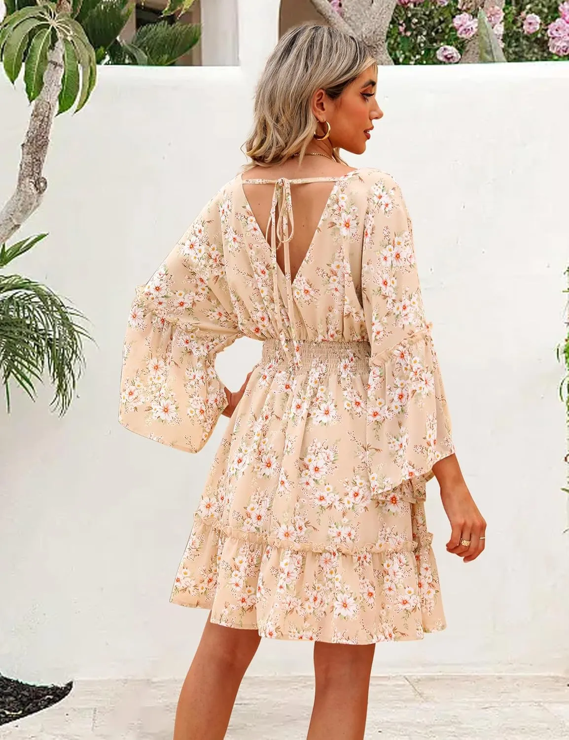 Women's Spring Summer 2023 Floral Mini Dress Boho A Line Chiffon Dress Casual Batwing Sleeve Short Dress