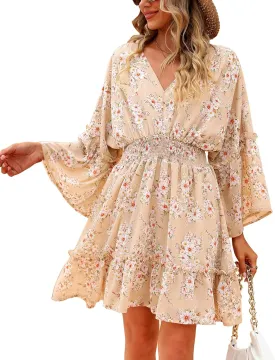 Women's Spring Summer 2023 Floral Mini Dress Boho A Line Chiffon Dress Casual Batwing Sleeve Short Dress