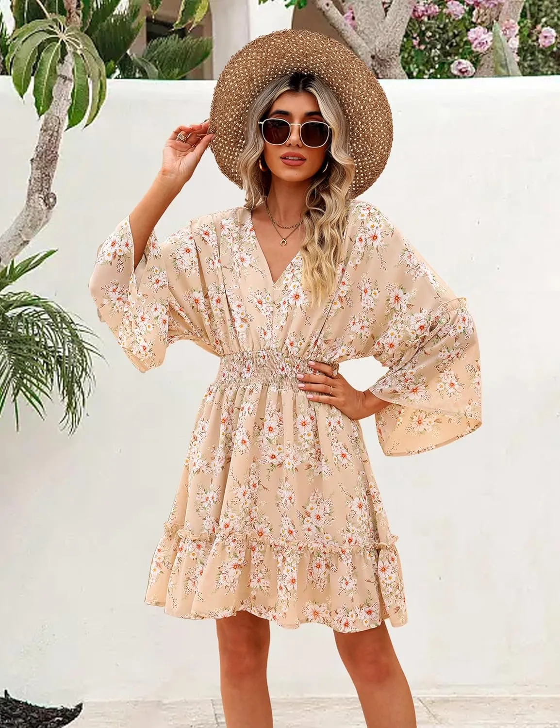 Women's Spring Summer 2023 Floral Mini Dress Boho A Line Chiffon Dress Casual Batwing Sleeve Short Dress
