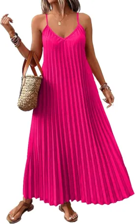 Women's Summer Casual V Neck Sleeveless Strappy Pleated Flowy Loose Maxi Long Beach Dress