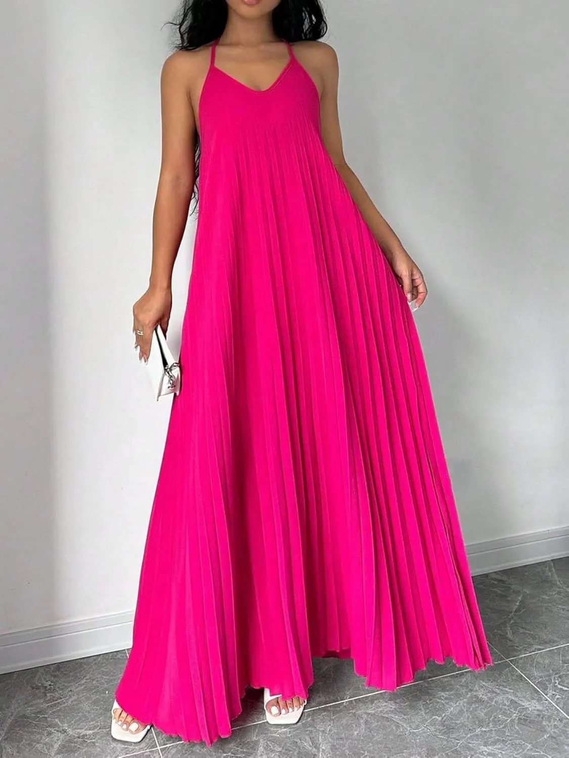 Women's Summer Casual V Neck Sleeveless Strappy Pleated Flowy Loose Maxi Long Beach Dress