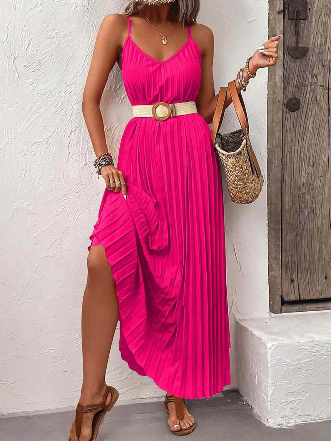 Women's Summer Casual V Neck Sleeveless Strappy Pleated Flowy Loose Maxi Long Beach Dress