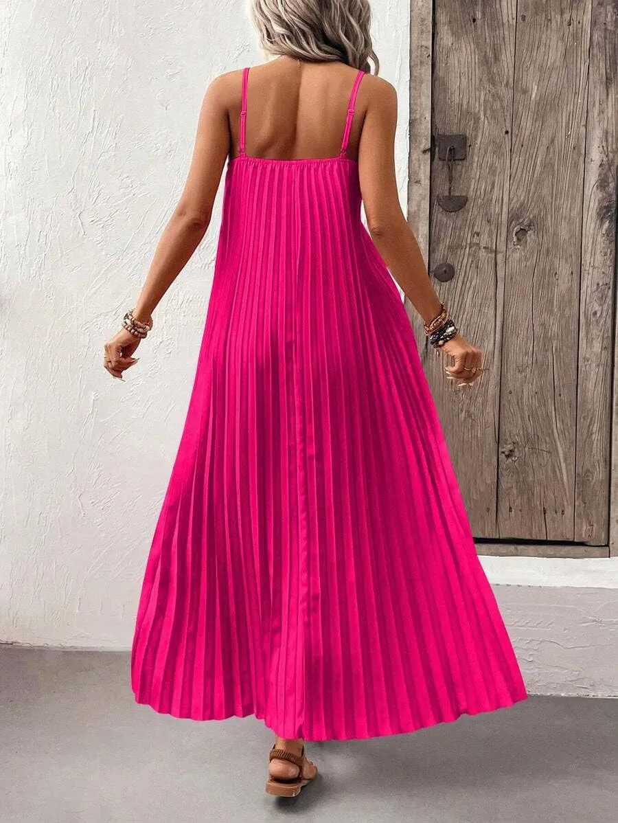 Women's Summer Casual V Neck Sleeveless Strappy Pleated Flowy Loose Maxi Long Beach Dress