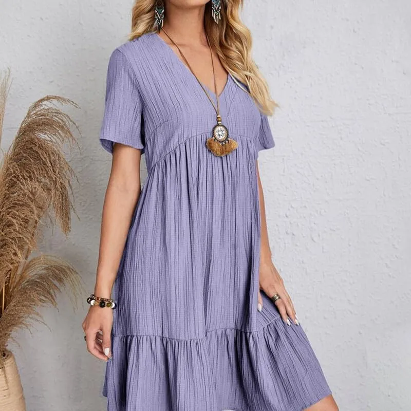 Womens Summer Dresses V-Neck Flutter Sleeve Flowy Short Dress Casual Mini Dress A-Line Ruffle Tiered Swing Dresses