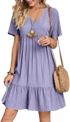 Womens Summer Dresses V-Neck Flutter Sleeve Flowy Short Dress Casual Mini Dress A-Line Ruffle Tiered Swing Dresses