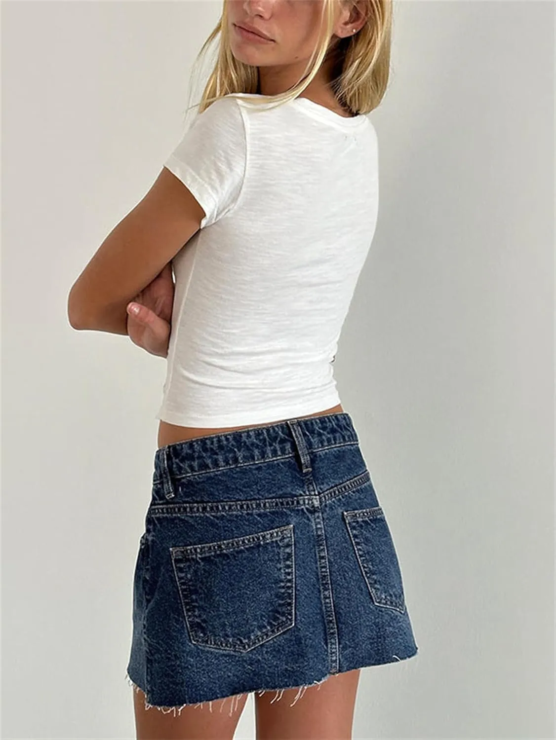 Y2k Jean Skirt for Women Low Rise A Line Raw Hem Frayed Denim Mini Skirt with Pockets Summer Going Out Short Skirt