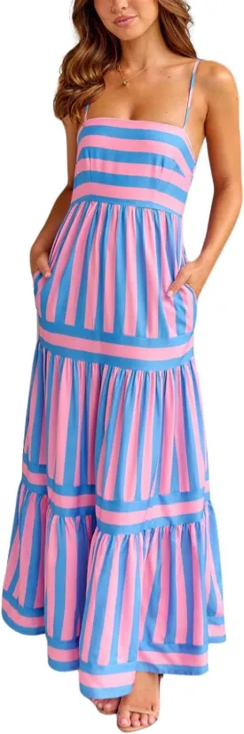yoeasy Women's Striped Smock Tiered Spaghetti Strap Flowy Maxi Dress Sleeveless Swing A line Casual Summer Sundress