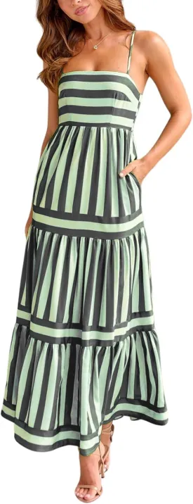 yoeasy Women's Striped Smock Tiered Spaghetti Strap Flowy Maxi Dress Sleeveless Swing A line Casual Summer Sundress