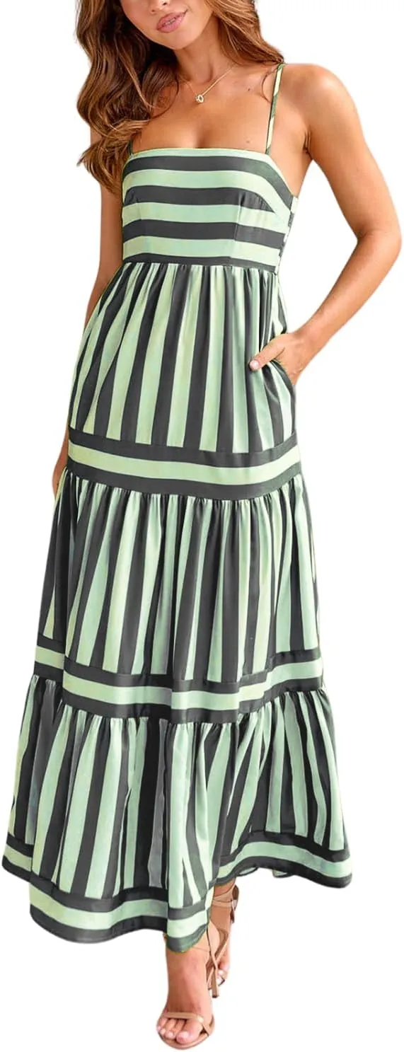yoeasy Women's Striped Smock Tiered Spaghetti Strap Flowy Maxi Dress Sleeveless Swing A line Casual Summer Sundress