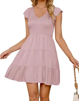 ZESICA Women's 2025 Summer Casual V Neck Flutter Sleeve Bohemian Ruffle Smocked A Line Swing Mini Dress