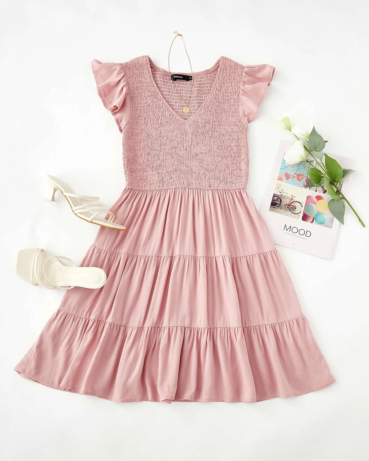 ZESICA Women's 2025 Summer Casual V Neck Flutter Sleeve Bohemian Ruffle Smocked A Line Swing Mini Dress