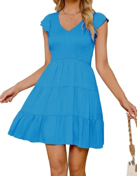 ZESICA Women's 2025 Summer Casual V Neck Flutter Sleeve Bohemian Ruffle Smocked A Line Swing Mini Dress