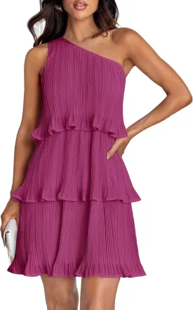 ZESICA Women's 2025 Summer Sleeveless Mini Dress Boho One Shoulder Ruffle Tiered Layered Chiffon Flowy A Line Dresses