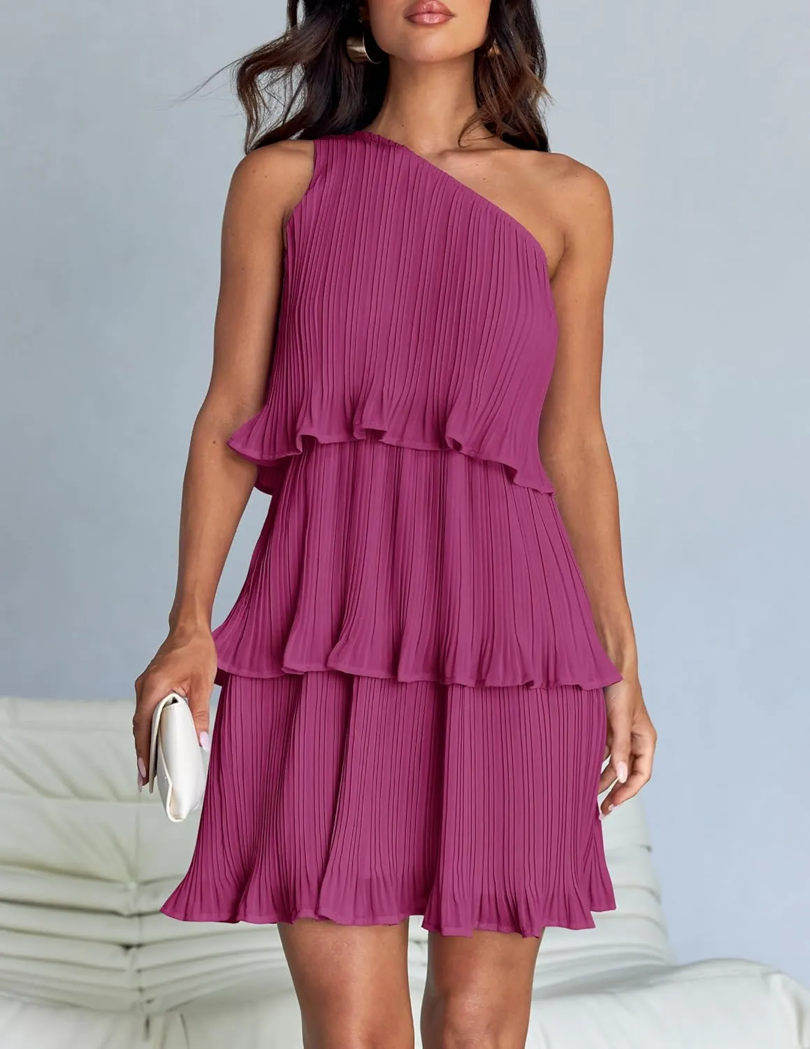 ZESICA Women's 2025 Summer Sleeveless Mini Dress Boho One Shoulder Ruffle Tiered Layered Chiffon Flowy A Line Dresses