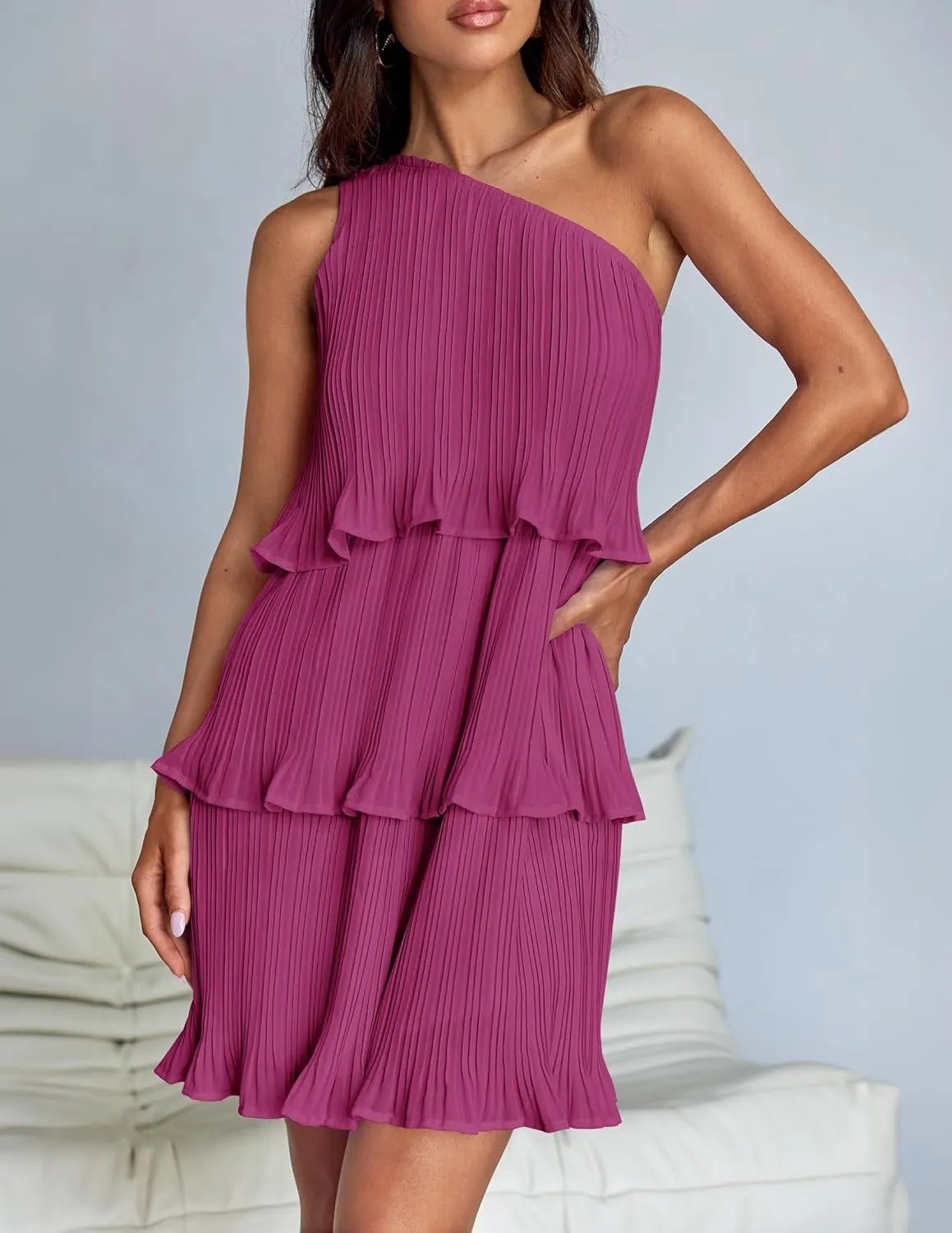 ZESICA Women's 2025 Summer Sleeveless Mini Dress Boho One Shoulder Ruffle Tiered Layered Chiffon Flowy A Line Dresses