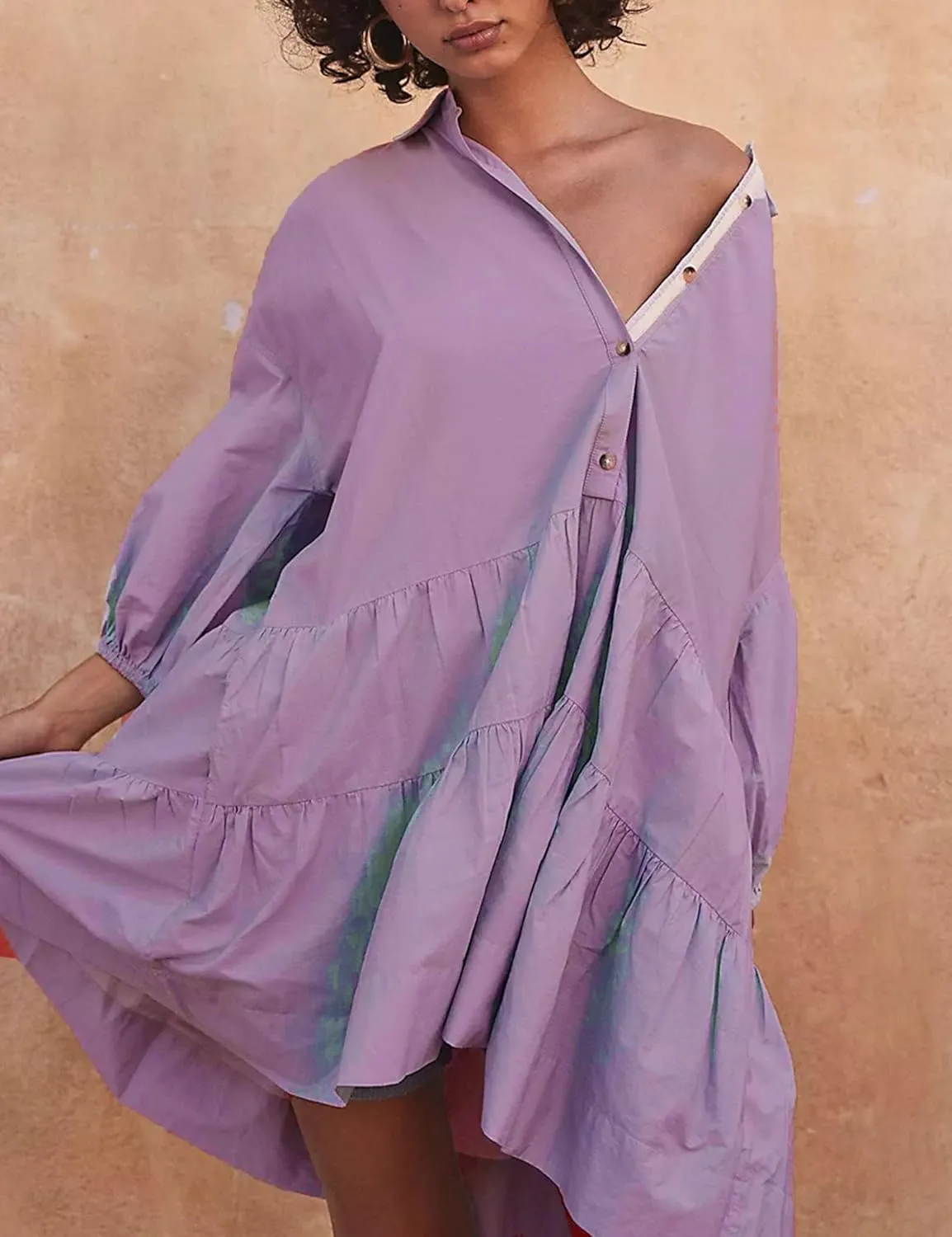 Zontroldy Women's Oversized Casual Collared Babydoll Mini Dresses Puff Sleeve A-line Tiered Shirt Tunic Dress