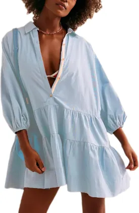Zontroldy Women's Oversized Casual Collared Babydoll Mini Dresses Puff Sleeve A-line Tiered Shirt Tunic Dress