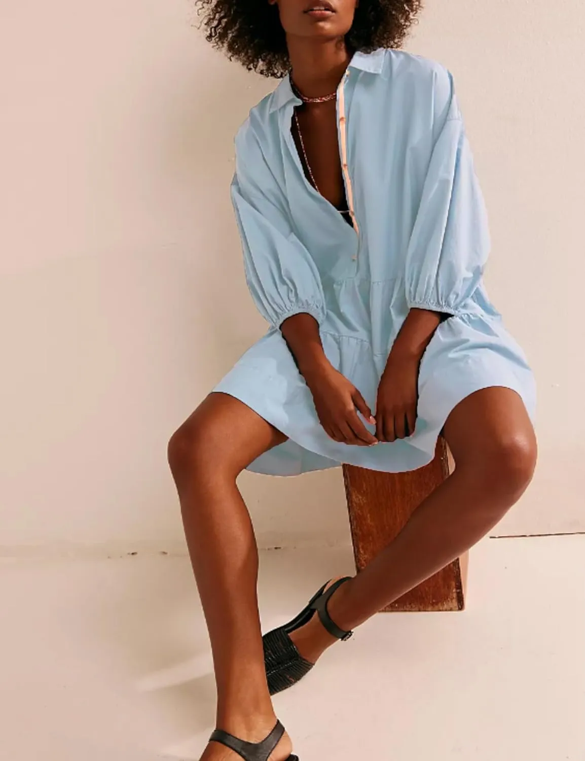 Zontroldy Women's Oversized Casual Collared Babydoll Mini Dresses Puff Sleeve A-line Tiered Shirt Tunic Dress