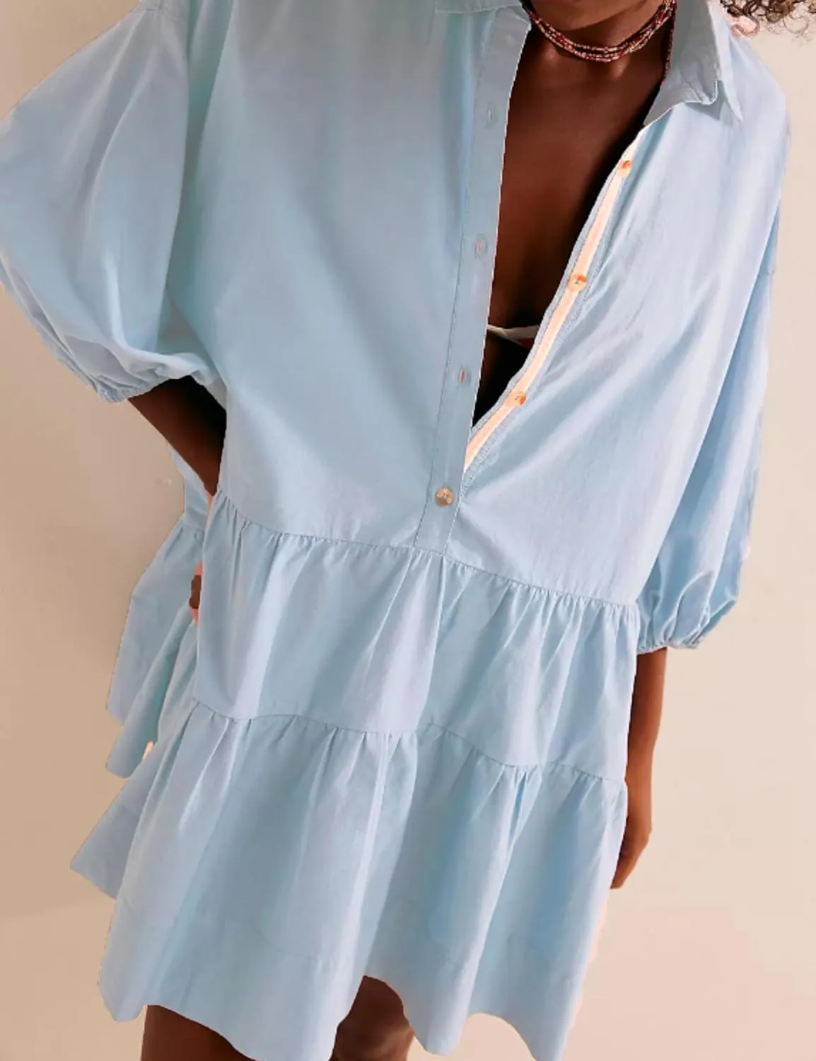 Zontroldy Women's Oversized Casual Collared Babydoll Mini Dresses Puff Sleeve A-line Tiered Shirt Tunic Dress