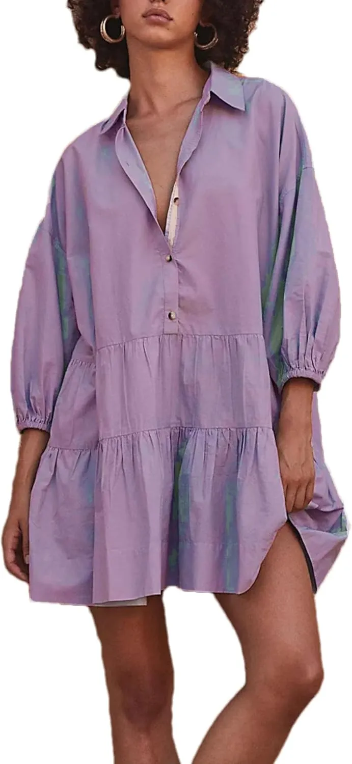 Zontroldy Women's Oversized Casual Collared Babydoll Mini Dresses Puff Sleeve A-line Tiered Shirt Tunic Dress